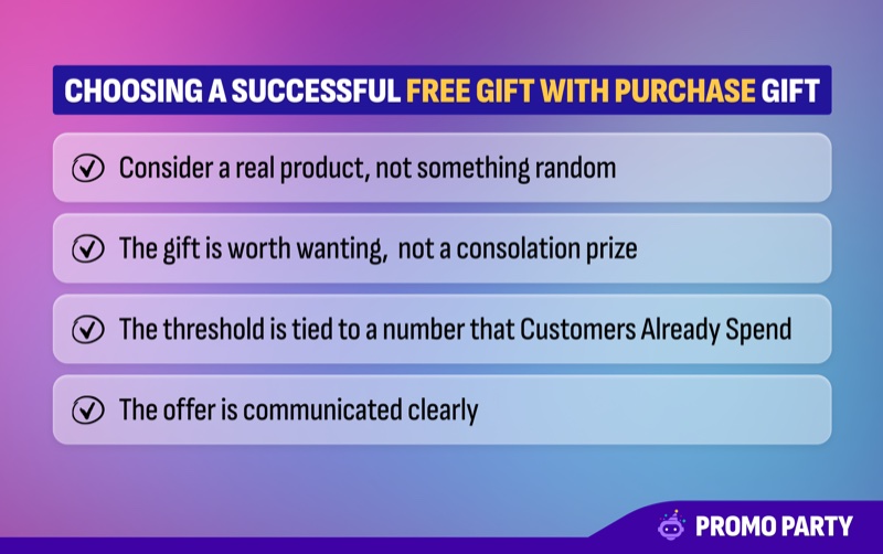 Checklist for choosing a successful free gift with purchase: real product, worth wanting, threshold tied to actual spend, communicated clearly