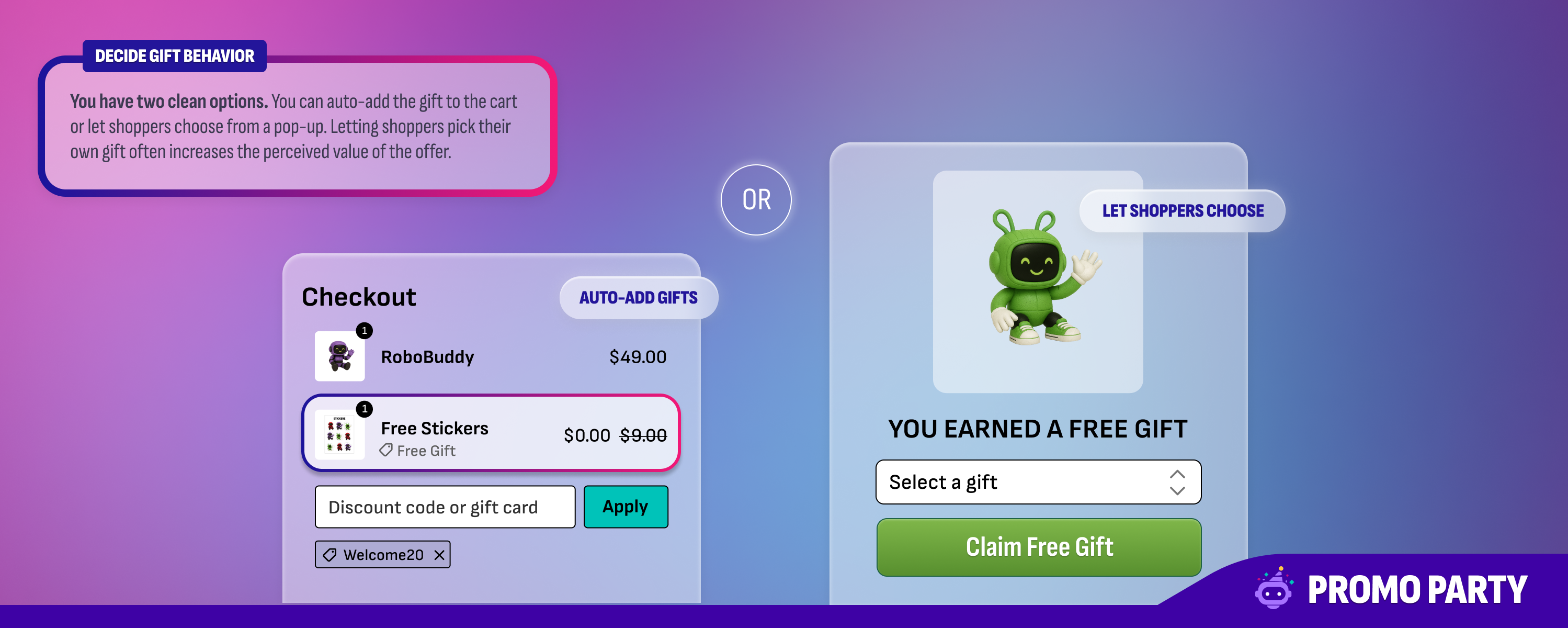 Promo Party free gift behavior options showing auto-add gifts to cart or let shoppers choose from a popup