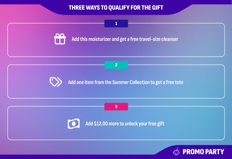 Three ways to qualify for the gift: add this moisturizer and get a free travel-size cleanser, add one item from the Summer Collection to get a free tote, or add $12.00 more to unlock your free gift