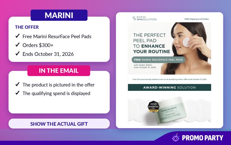 Marini: the email pictures the free ResurFace Peel Pads with orders $300+, ending October 31, 2026
