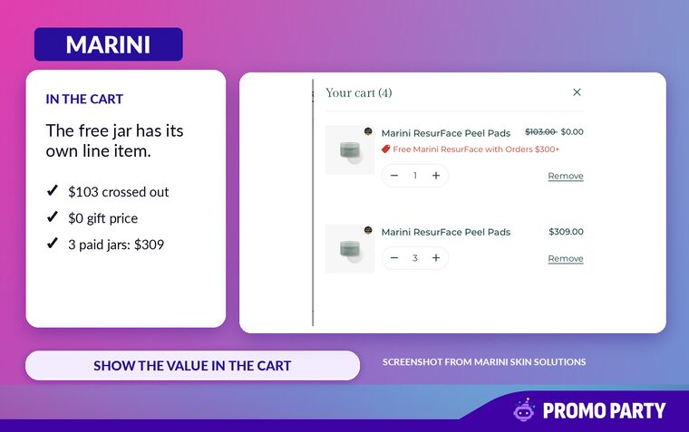 Marini cart: the free jar has its own line item, $103 crossed out to $0, next to 3 paid jars at $309