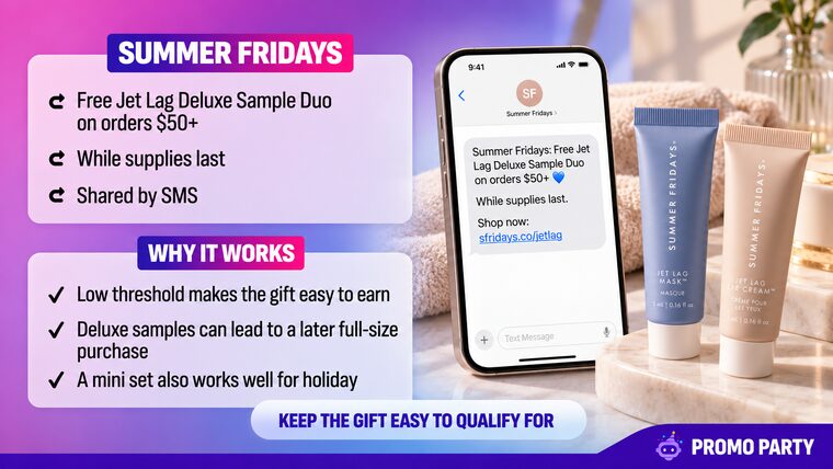 Summer Fridays: an SMS offering a free Jet Lag Deluxe Sample Duo on orders $50+, while supplies last