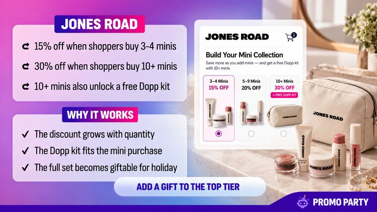 Jones Road: 15% off 3-4 minis, 30% off 10+ minis, and a free Dopp kit at the 10+ tier
