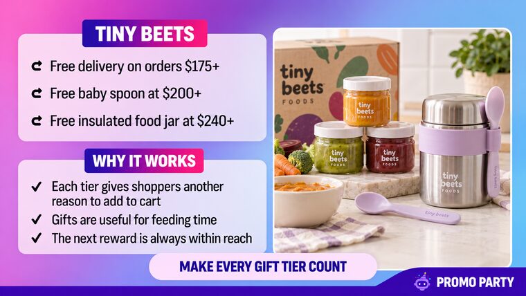 Tiny Beets: three gift tiers, free delivery, then a free baby spoon, then a free food jar