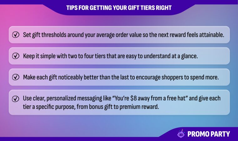 Tips for getting your gift tiers right: set thresholds around your average order value, keep it to two to four tiers, make each gift better than the last, and use clear personalized messaging